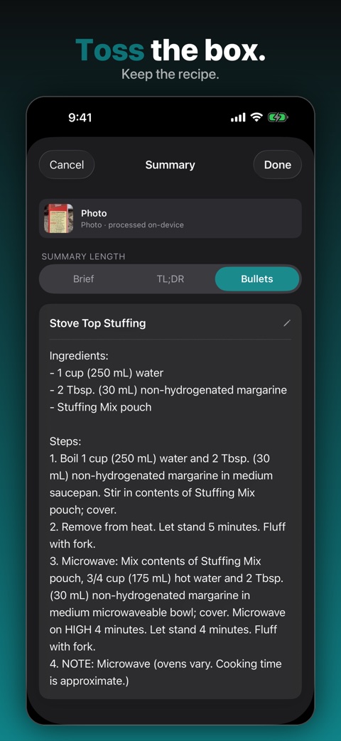 Peek summarizing a recipe from a photo