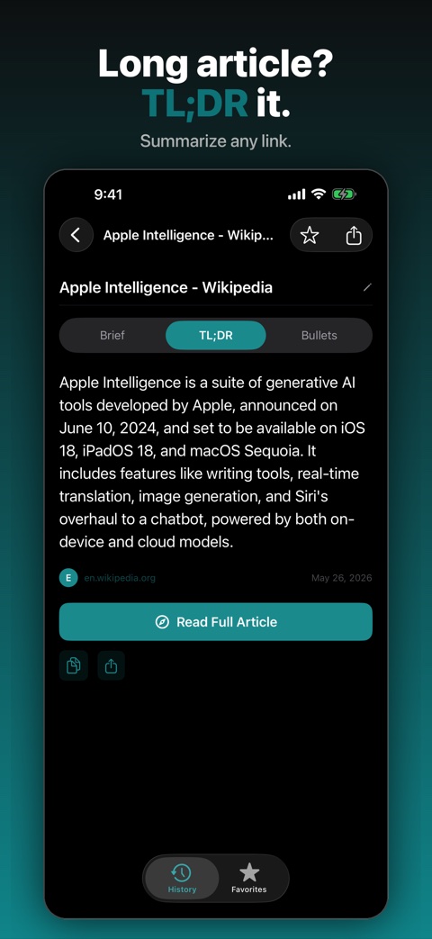 Peek showing a TL;DR summary of a web article